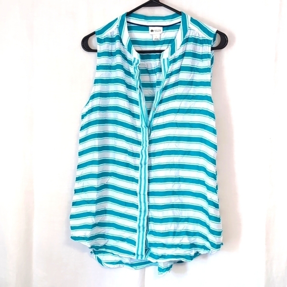 Stylus Turquoise White Striped Sleeveless Button Up Blouse Size Large - Picture 1 of 6